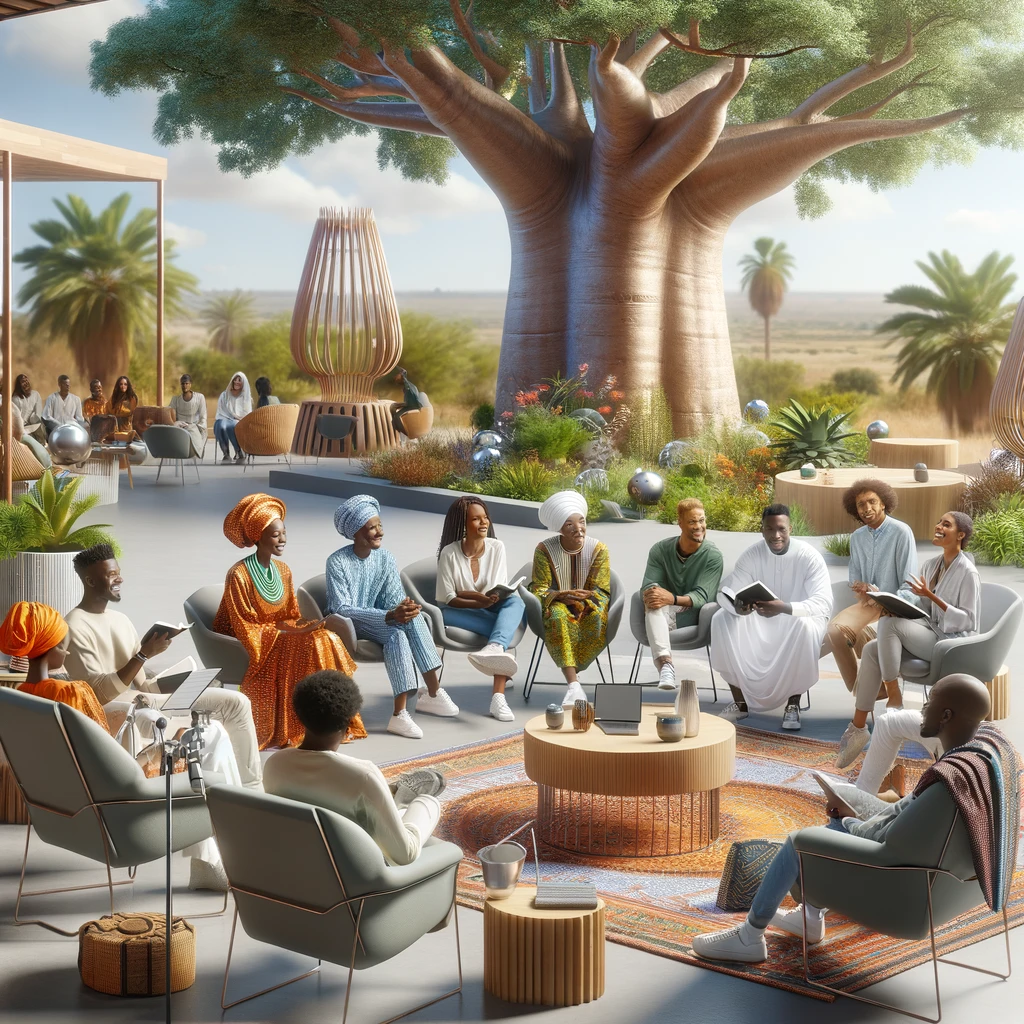 DALL·E 2024-05-18 23.27.11 - A modern gathering of African storytellers in a contemporary outdoor setting. People are sitting on stylish chairs and cushions under a large Baobab t