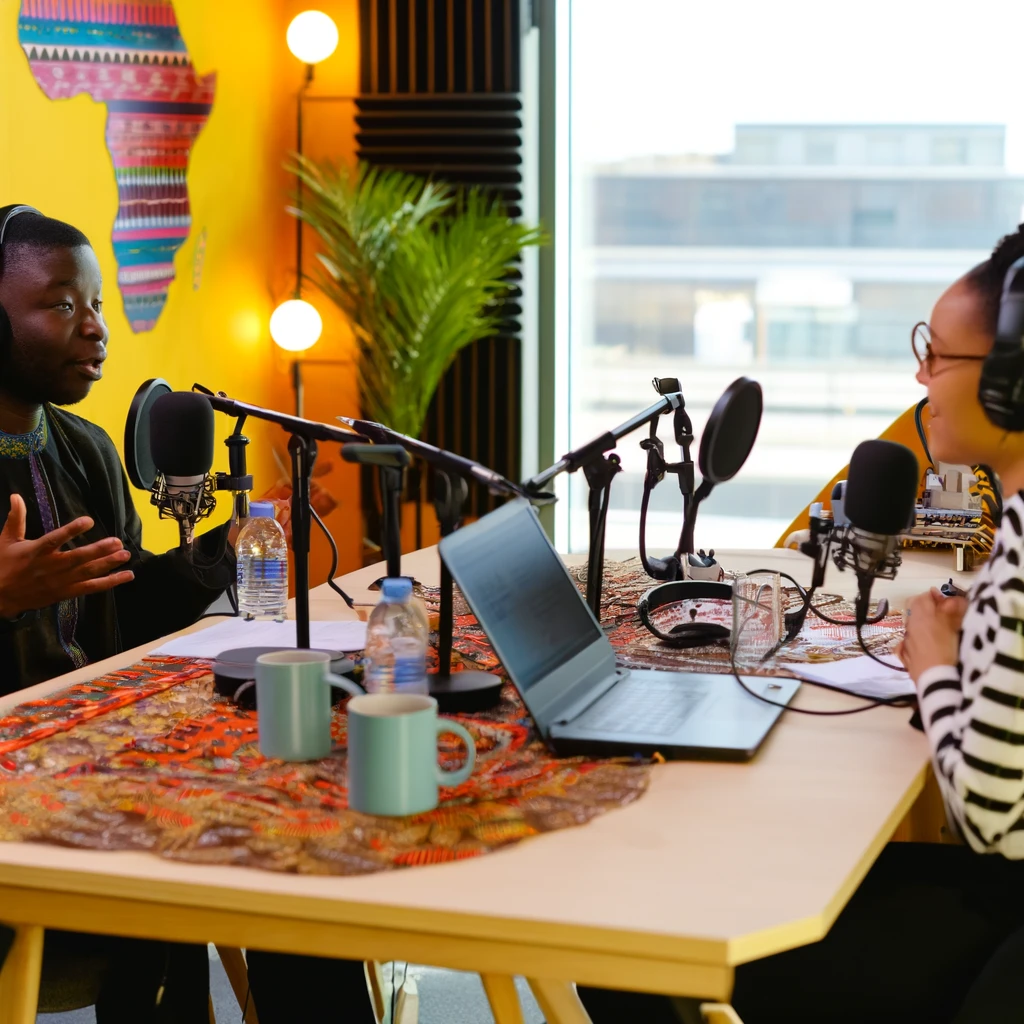 DALL·E 2024-05-18 23.28.33 - A podcast recording setup with African storytellers in a modern studio. Hosts are sitting at a table with microphones, laptops, and headphones. The st