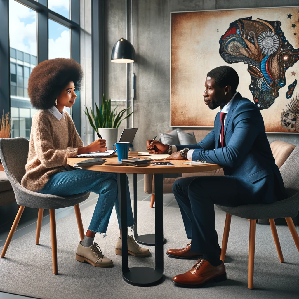 DALL·E 2024-05-18 23.32.57 - A one-on-one storytelling coaching session with an African corporate professional and a seasoned storyteller in a modern office setting. The coach is