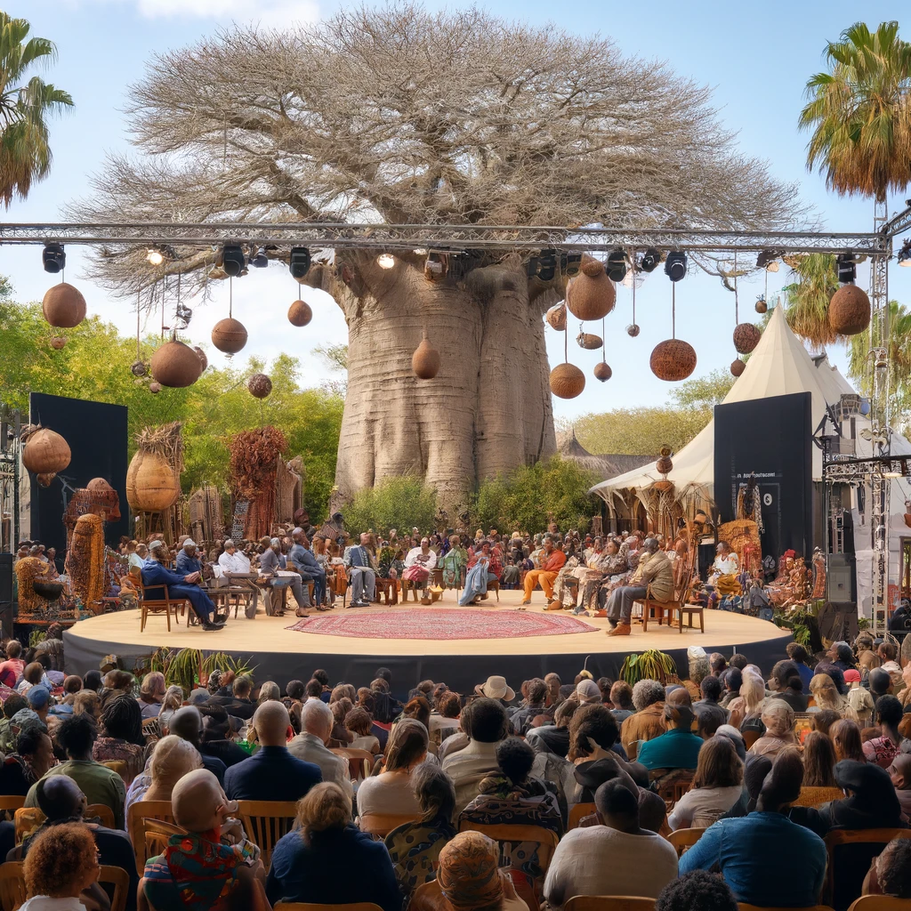 DALL·E 2024-05-18 23.37.52 - An annual gathering called Baobab Stage featuring African storytellers in a large outdoor setting. A stage is set under a majestic Baobab tree, with s